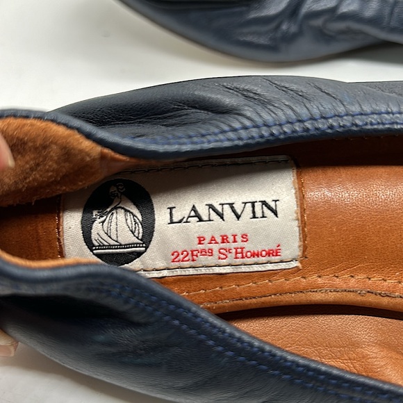 Lanvin Paris Navy Blue Leather Black Bow Ballet Flats Shoes **Size 37.5/US 5.5** - Picture 6 of 7